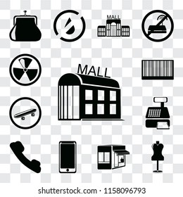 Set Of 13 transparent editable icons such as Mall, Mannequin, Store, Smarthphone, Telephone, Cashier machine, Skateboard, Barcode, Radiation, web ui icon pack, transparency set