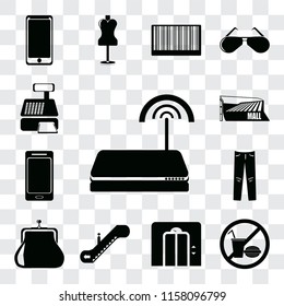 Set Of 13 transparent editable icons such as Wifi, No food, Lift, Escalator, Purse, Jeans, Smartphone, Mall, Cashier machine, web ui icon pack, transparency set