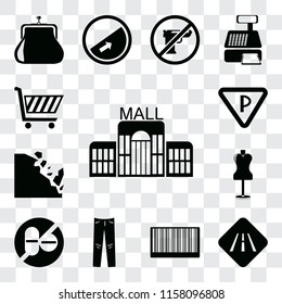 Set Of 13 transparent editable icons such as Mall, Road, Barcode, Jeans, No drugs, Mannequin, Falling rocks, Parking, Shopping cart, web ui icon pack, transparency set
