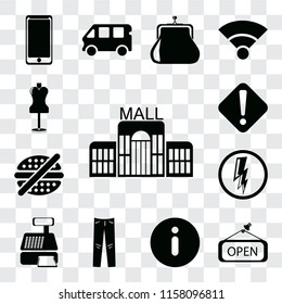 Set Of 13 transparent editable icons such as Mall, Open, Information, Jeans, Cashier machine, Electricity, No fast food, Warning, Mannequin, web ui icon pack, transparency set