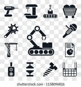 Set Of 13 transparent editable icons such as Conveyor, Elevator, Bolt, Machine press, Switch, Plan, Crane, Sanding machine, Maintenance, web ui icon pack, transparency set