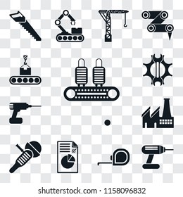 Set Of 13 transparent editable icons such as Conveyor, Drill, Measuring tape, Plan, Sanding machine, Factory, Settings, web ui icon pack, transparency set