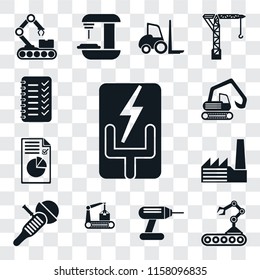 Set Of 13 transparent editable icons such as Electricity, Conveyor, Drill, Sanding machine, Factory, Plan, Digger, Planning, web ui icon pack, transparency set