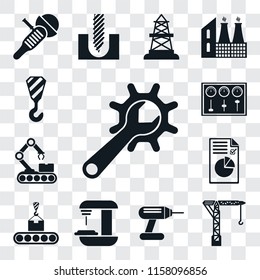 Set Of 13 transparent editable icons such as Maintenance, Crane, Drill, Machine, Conveyor, Plan, Control panel, web ui icon pack, transparency set