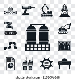 Set Of 13 transparent editable icons such as Refinery, Saw, Options, Walkie talkie, Plan, Control panel, Pipe, Excavator, Conveyor, web ui icon pack, transparency set