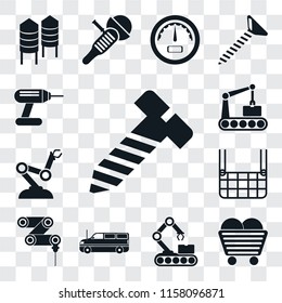 Set Of 13 Transparent Editable Icons Such As Bolt, Coal, Conveyor, Cargo Truck, Drilling Machine, Elevator, Robot Arm, Drill, Web Ui Icon Pack, Transparency Set