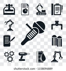 Set Of 13 transparent editable icons such as Sanding machine, Industrial robot, Oil, Drill, Cogwheel, Silo, Planing, Pump, Robot arm, web ui icon pack, transparency set