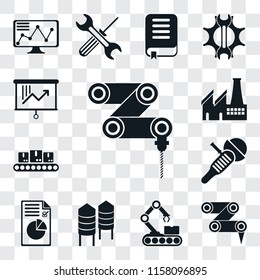 Set Of 13 transparent editable icons such as Drilling machine, Robot arm, Conveyor, Silo, Plan, Sanding Factory, Planning, web ui icon pack, transparency set