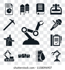 Set Of 13 transparent editable icons such as Robot arm, Oil, Packages, Conveyor, Plan, Mill, Sanding machine, Pick, web ui icon pack, transparency set