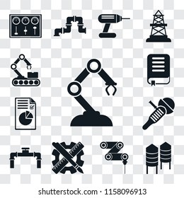 Set Of 13 transparent editable icons such as Robotic arm, Silo, Drilling machine, Planning, Pipe, Sanding Plan, Book, Conveyor, web ui icon pack, transparency set