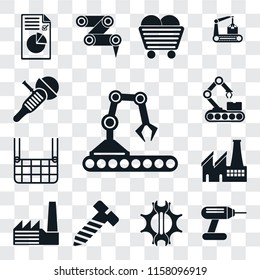 Set Of 13 transparent editable icons such as Conveyor, Drill, Settings, Bolt, Factory, Elevator, Sanding machine, web ui icon pack, transparency set