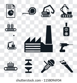 Set Of 13 transparent editable icons such as Factory, Saw, Sanding machine, Machine press, Conveyor, Drill, Switch, web ui icon pack, transparency set