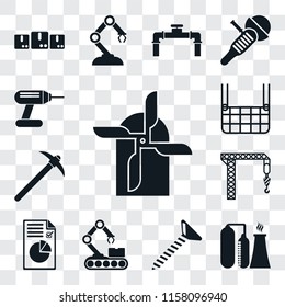 Set Of 13 transparent editable icons such as Mill, Refinery, Screw, Conveyor, Plan, Crane, Pick, Elevator, Drill, web ui icon pack, transparency set