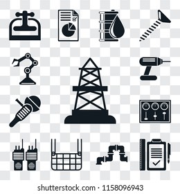 Set Of 13 transparent editable icons such as Oilfield, Plan, Pipe, Elevator, Walkie talkie, Control panel, Sanding machine, Drill, Robot arm, web ui icon pack, transparency set