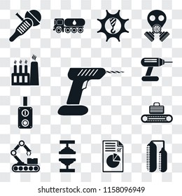 Set Of 13 transparent editable icons such as Drill, Silo, Plan, Machine press, Conveyor, Switch, Factory, web ui icon pack, transparency set