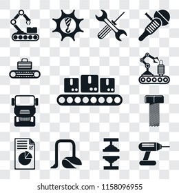 Set Of 13 transparent editable icons such as Conveyor, Drill, Machine press, Vacuum, Plan, Bolt, Truck, web ui icon pack, transparency set