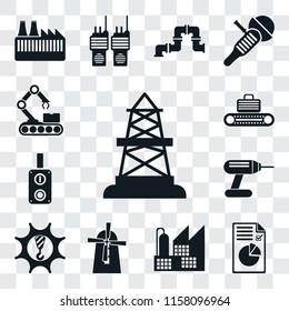 Set Of 13 transparent editable icons such as Oilfield, Plan, Factory, Mill, Machinery, Drill, Switch, Conveyor, web ui icon pack, transparency set