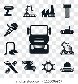 Set Of 13 transparent editable icons such as Truck, Conveyor, Settings, Robot arm, Wood cutting, Vacuum, Sanding machine, web ui icon pack, transparency set