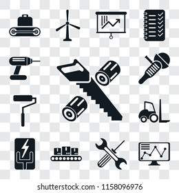 Set Of 13 transparent editable icons such as Wood cutting, Stock, Tools, Conveyor, Electricity, Forklift, Roller, Sanding machine, Drill, web ui icon pack, transparency set