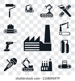 Set Of 13 transparent editable icons such as Factory, Conveyor, Sanding machine, Silo, Drill, Robotic arm, web ui icon pack, transparency set