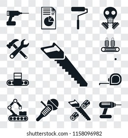 Set Of 13 transparent editable icons such as Saw, Drill, Wood cutting, Sanding machine, Conveyor, Measuring tape, Tools, web ui icon pack, transparency set