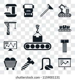 Set Of 13 transparent editable icons such as Conveyor, Planning, Vacuum, Bolt, Coal, Stock, Crane, web ui icon pack, transparency set