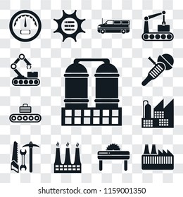 Set Of 13 transparent editable icons such as Refinery, Factory, Saw, Tools, Conveyor, Sanding machine, web ui icon pack, transparency set