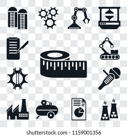 Set Of 13 transparent editable icons such as Measure, Nuclear plant, Plan, Compressor, Factory, Sanding machine, Settings, Conveyor, Planing, web ui icon pack, transparency set