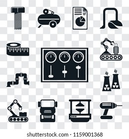 Set Of 13 transparent editable icons such as Control panel, Drill, Machine press, Truck, Conveyor, Nuclear plant, Pipe, Measure, web ui icon pack, transparency set