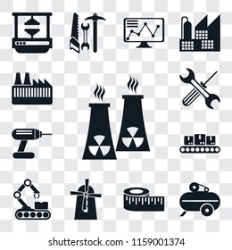 Set Of 13 transparent editable icons such as Nuclear plant, Compressor, Measure, Mill, Conveyor, Drill, Tools, Factory, web ui icon pack, transparency set
