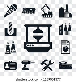 Set Of 13 transparent editable icons such as Machine press, Measure, Tools, Drill, Id card, Plan, Nuclear plant, Factory, web ui icon pack, transparency set