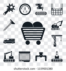 Set Of 13 transparent editable icons such as Coal, Conveyor, Pump, print, Crane, Cargo truck, Excavator, Screw, web ui icon pack, transparency set