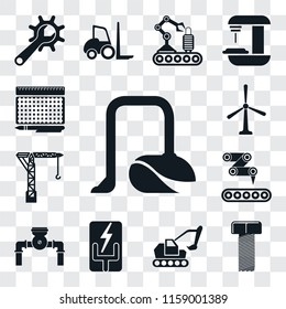 Set Of 13 transparent editable icons such as Vacuum, Bolt, Excavator, Electricity, Pump, Conveyor, Crane, Windmill, print, web ui icon pack, transparency set