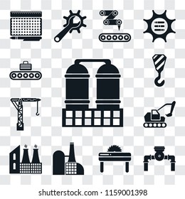 Set Of 13 transparent editable icons such as Refinery, Pump, Saw, Factory, Excavator, Crane, Conveyor, web ui icon pack, transparency set