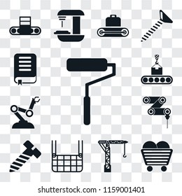 Set Of 13 transparent editable icons such as Roller, Coal, Crane, Elevator, Bolt, Drilling machine, Robot arm, Conveyor, Book, web ui icon pack, transparency set