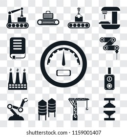 Set Of 13 transparent editable icons such as Gauge, Machine press, Crane, Silo, Robot arm, Switch, Factory, Drilling machine, Book, web ui icon pack, transparency set