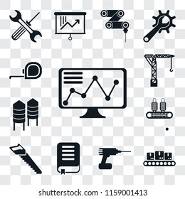 Set Of 13 transparent editable icons such as Stock, Conveyor, Drill, Book, Saw, Silo, Crane, Measuring tape, web ui icon pack, transparency set