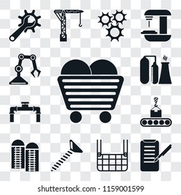 Set Of 13 transparent editable icons such as Coal, Planing, Elevator, Screw, Silo, Conveyor, Pipe, Refinery, Industrial robot, web ui icon pack, transparency set