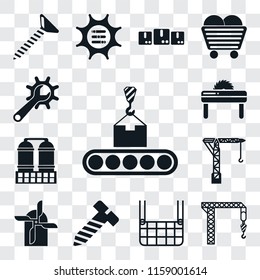 Set Of 13 transparent editable icons such as Conveyor, Crane, Elevator, Bolt, Mill, Refinery, Saw, Maintenance, web ui icon pack, transparency set