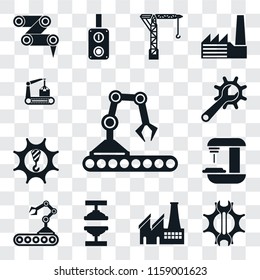Set Of 13 transparent editable icons such as Conveyor, Settings, Factory, Machine press, Machine, Machinery, Maintenance, web ui icon pack, transparency set