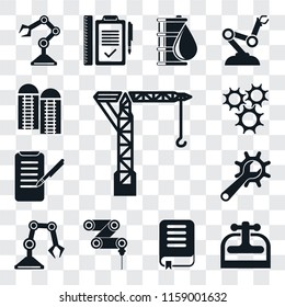 Set Of 13 transparent editable icons such as Crane, Machine press, Book, Drilling machine, Industrial robot, Maintenance, Planing, Cogwheel, Silo, web ui icon pack, transparency set