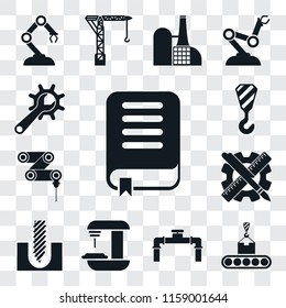 Set Of 13 transparent editable icons such as Book, Conveyor, Pipe, Machine, Drill, Planning, Drilling machine, Crane, Maintenance, web ui icon pack, transparency set