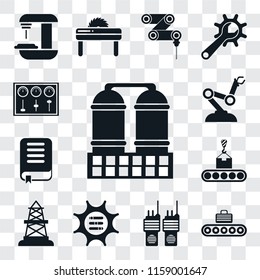 Set Of 13 transparent editable icons such as Refinery, Conveyor, Walkie talkie, Options, Oilfield, Book, Robot arm, Control panel, web ui icon pack, transparency set