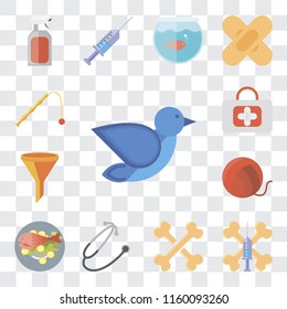 Set Of 13 transparent editable icons such as Bird, Treats, Bones, Stethoscope, Fish food, Yarn, Filter, First aid, Toy, web ui icon pack, transparency set