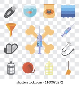 Set Of 13 transparent editable icons such as Treats, Broom, Bird cage, Yarn, Cage, Stethoscope, Grooming glove, Syringe, Filter, web ui icon pack, transparency set