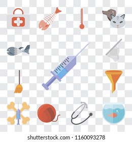 Set Of 13 transparent editable icons such as Syringe, Aquarium, Stethoscope, Yarn, Treats, Filter, Broom, Net, Fish, web ui icon pack, transparency set