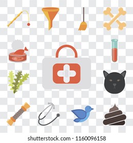 Set Of 13 transparent editable icons such as First aid, Poop, Bird, Stethoscope, Rope, Cat, Seaweed, Test tube, Cat food, web ui icon pack, transparency set