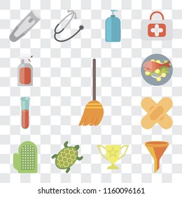 Set Of 13 transparent editable icons such as Broom, Filter, Trophy, Turtle, Glove, Band aid, Test tube, Fish food, Spray, web ui icon pack, transparency set