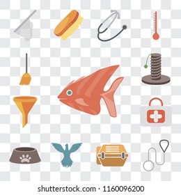 Set Of 13 transparent editable icons such as Fish, Leash, Animal carrier, Bird, Dog food, First aid, Filter, Scratching, Broom, web ui icon pack, transparency set