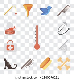 Set Of 13 transparent editable icons such as Thermometer, Bones, Brush, Cat, Net, First aid, Stethoscope, Cat food, web ui icon pack, transparency set